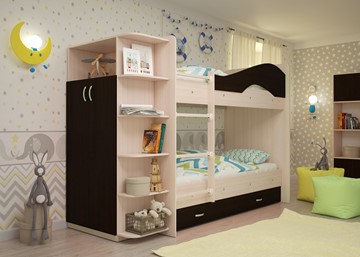 Двухэтажная детская кровать Мая на щитах со шкафом и ящиками, корпус Млечный дуб, фасад Венге в Анадыре