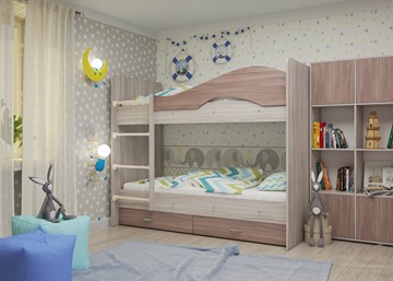 Детская двухъярусная кровать Мая с 2 ящиками на щитах, корпус Шимо светлый, фасад Шимо темный в Анадыре